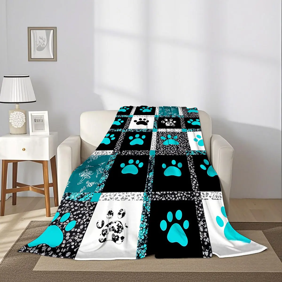 Multi-color Block Patchwork Teal Blue Pet Paw Print Floral Quilt Style Flat Digital Print Ultra-Soft Flannel Throw Blanket, Warm