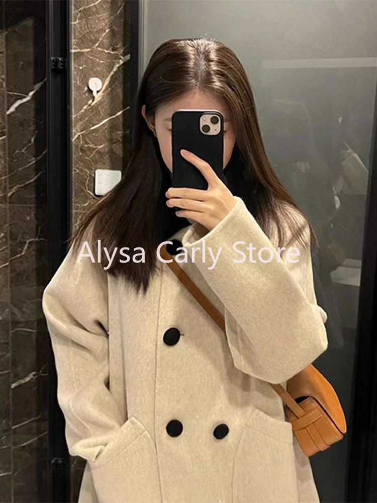 2023 Winter Korean Woollen Coat Women Preppy Style Pockets Chic Japanese Sweet Jacket Female Double Breasted Fashion Warm Coats