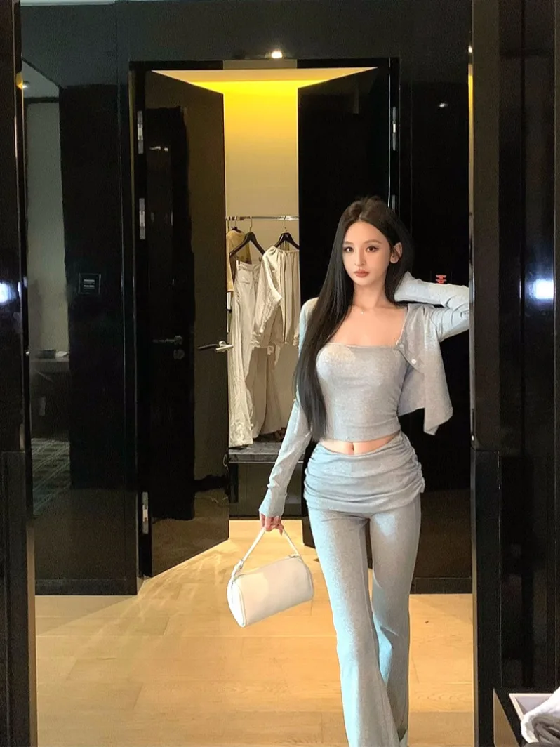 

Casual Three-Piece Set Grey Long Sleeve Open Cardigan Inner Strap Women's Spring High Waist Flared Pants Suit Ensemble