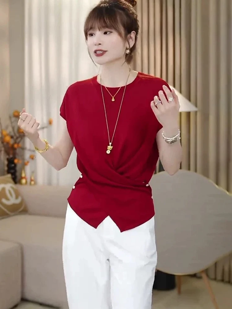 Rundes Ne Ice Silk Strickoberteil Overhead Agel Sommer Unebene Cross Slim Fit Farbe Korean Sle Pendeln Faion Damen...