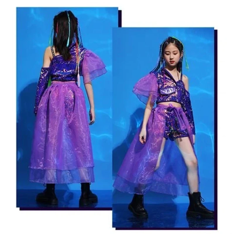 Hip Hop Meisje Jazz Prestatiekostuum Model T-stadiumkostuum Kinderpodium Pailletten Mesh Pak Kostuum Prestatiekostuum