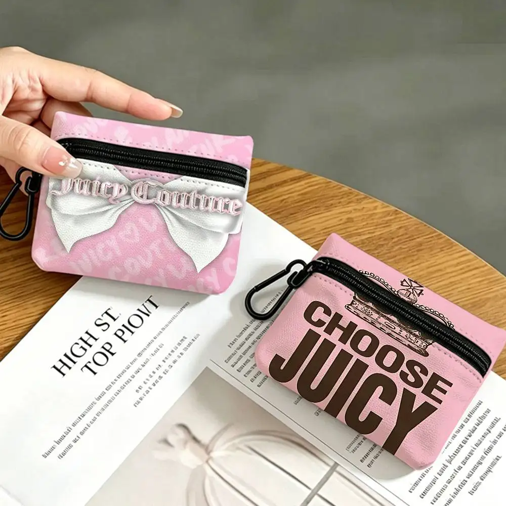 J-Juicy C-C-Couture Lightweight Oxford Fabric Coin Purse With Black Carabiner Hook Card Holder Earphone Storage Pouch