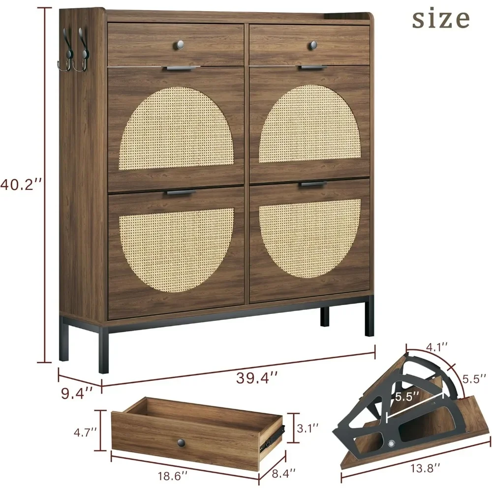 

Narrow shoe cabinet Rattan shoe cabinet with 4 flip drawers, adjustable shelves with metal legs and handles