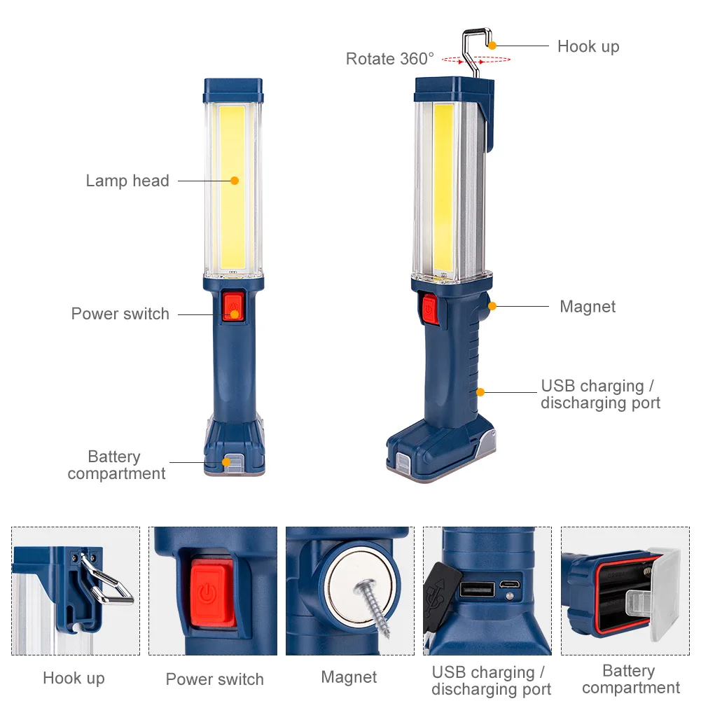 COB Work Light Torch USB Rechargeable LED Work Light Magnetic COB Lanterna Hanging Hook Lamp for Car Repair, Camping