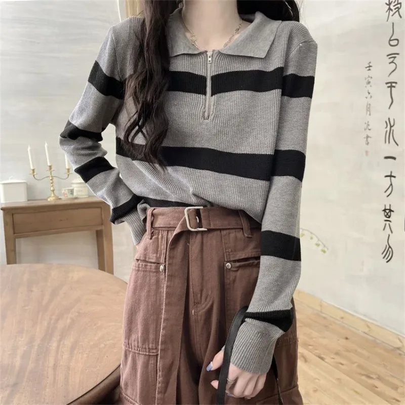 

Women's Autumn Fashion Simplicity Striped Polo Collar Long Sleeve Knitwear Women Clothes Casual Loose All-match Temperament Tops