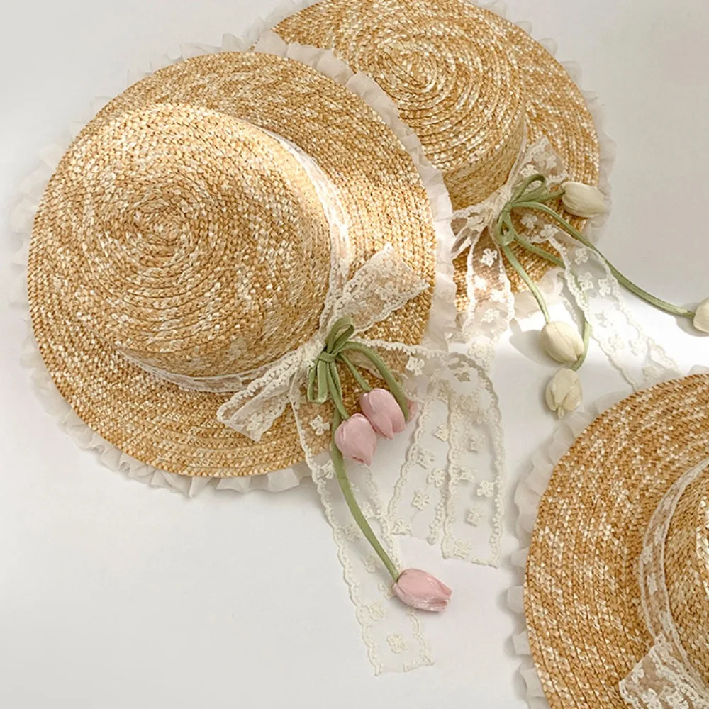 

Fashion Sunscreen Lace Bow Straw Hat Wide Brim Weave Outing in Spring Tulip Hat Boho Flower Summer Beach Sun Hat Beachside