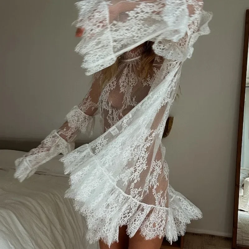 섹시 시스루 수영복 여성용 레이스 자수 스탠드 칼라 긴팔 비키니 커버업 2025 휴가 비치 드레스