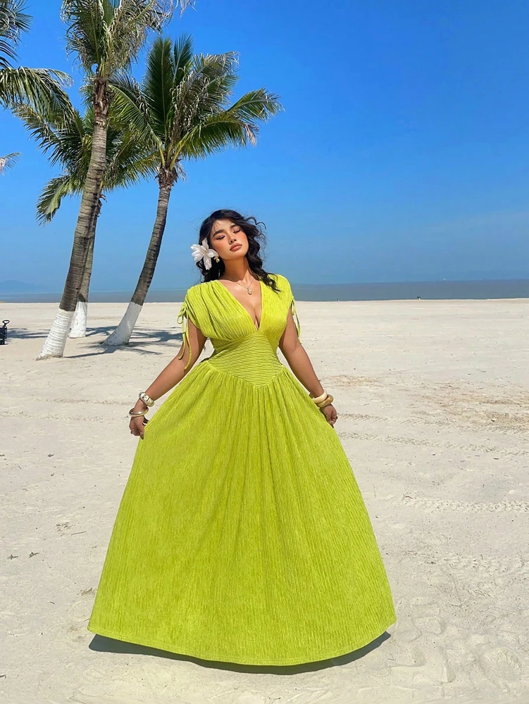 Plus size feminino férias casual beira-mar cintura brilhante vestido de manga curta feriado romântico pulôver de cor pura