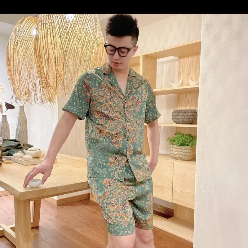 Flower Type Man The Same Kind Loungewear Pajamas Set Ice Silk Can Be Worn Outside New Style Chinese Style Spring and Summer