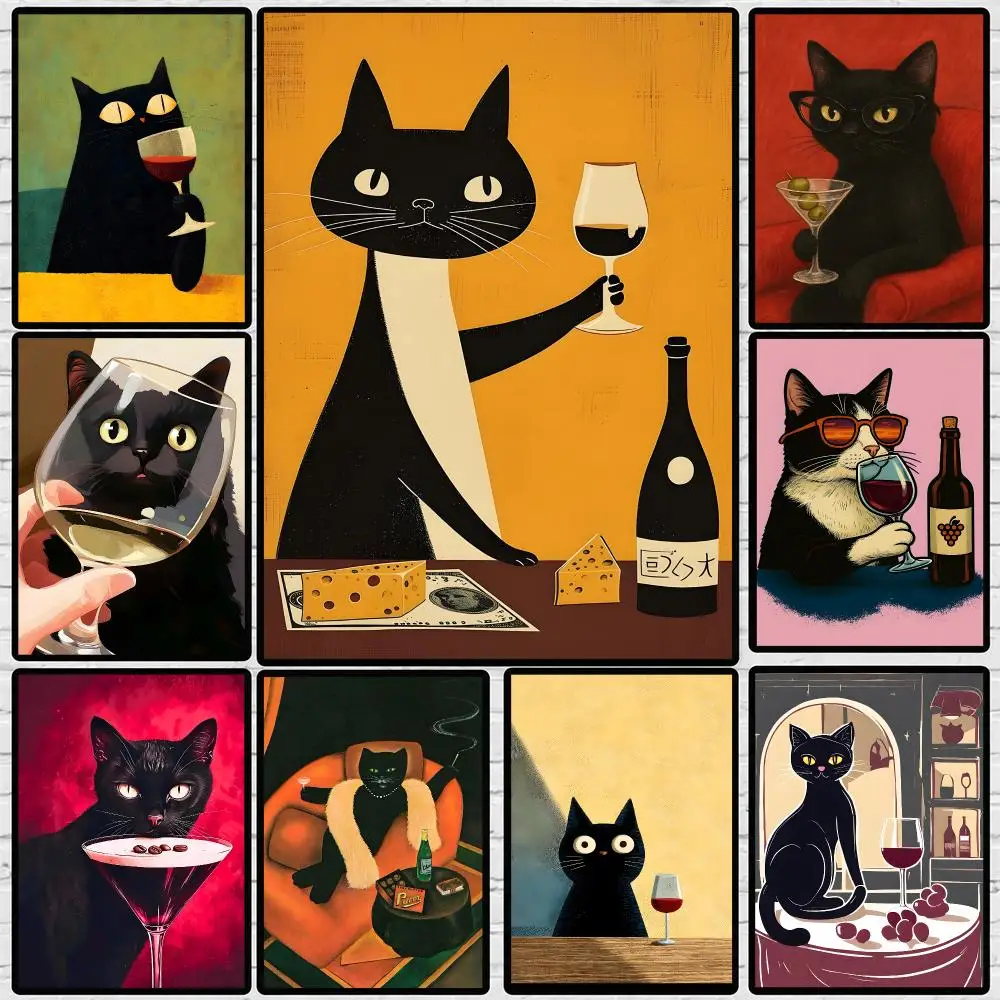 Pattern Black Cat Wine Chess Poster 	 Poster Wall Sticker Waterproof Self Adhesive HD Art Bedroom Bar Decor