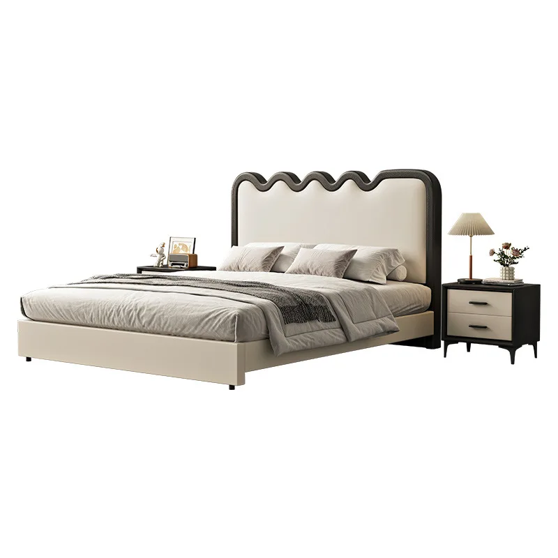 1.8 double bed soft French cream leather wood frame Internet celebrity wind wave pattern master leather cover bed