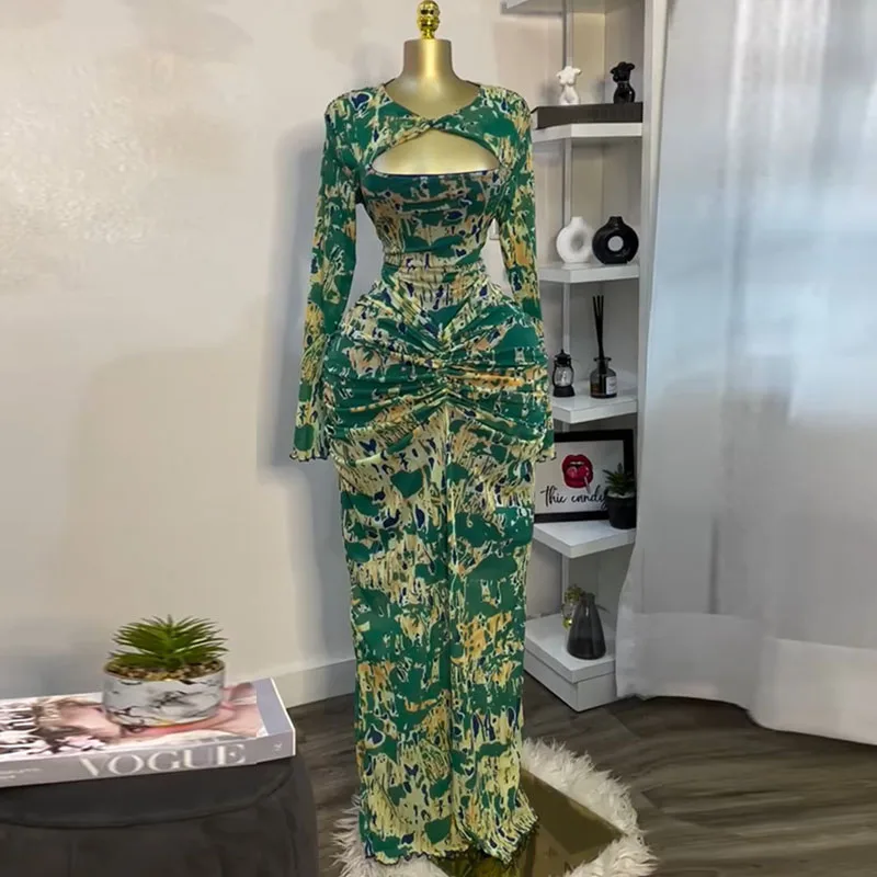 

Elegant Printing Bodycon Maxi Dress Women Long Sleeve Hollow Out Ruched High Waist Night Club Party Sexy Long Dresses Sundress