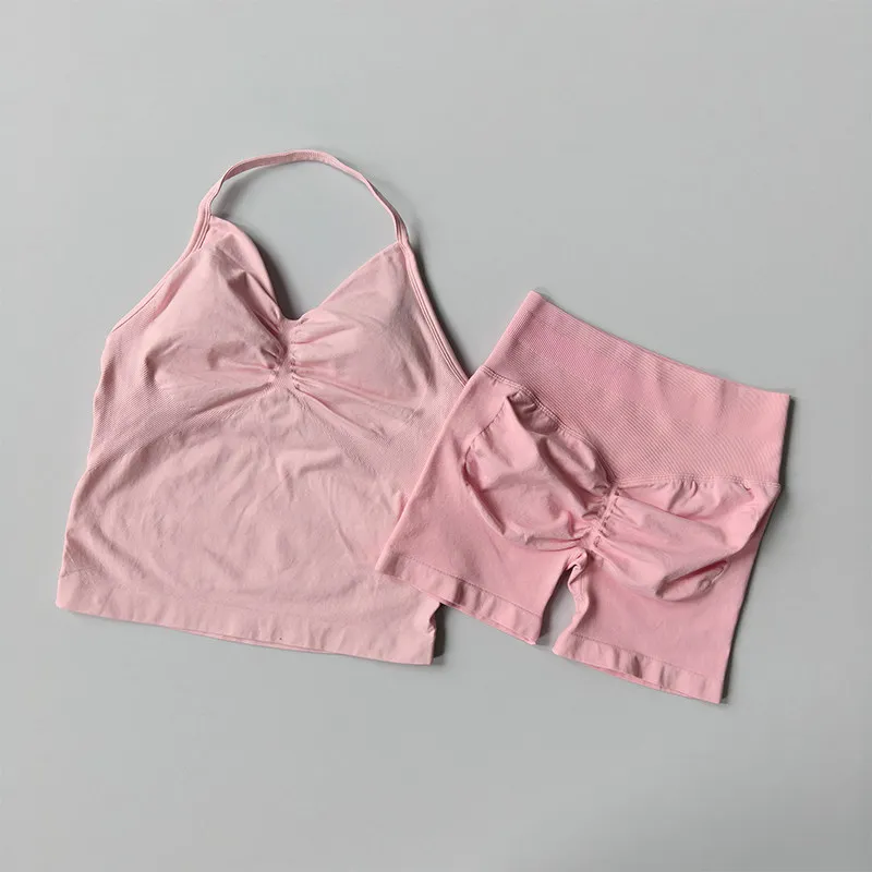 Nahtloses Fitness-Zweiteiler-Set für Damen, hochelastischer gestrickter Sport-BH und Yoga-Shorts-Set, schönes Rückendesign, Po-Lifting-Weste – Detail 8