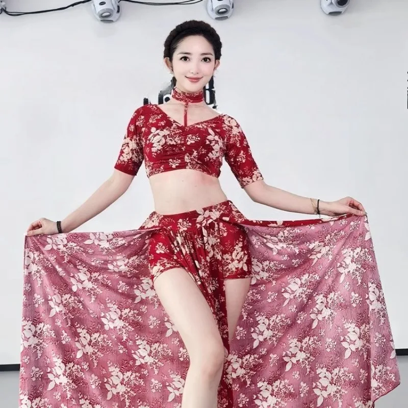 

Customized Belly Dance Costumes Practice Dress 2025 New Set Red and Blue Pit Stripe Printed Large Swing Skirt Set Oriental Dance