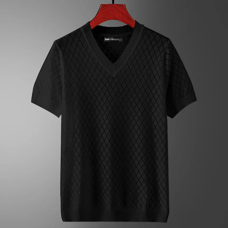 

High Stretchy Knitted T Shirt For Men Luxury V-Neck Short Sleeve Summer Quality Tees Silky Smooth Fashion Plaid Camisetas Hombre