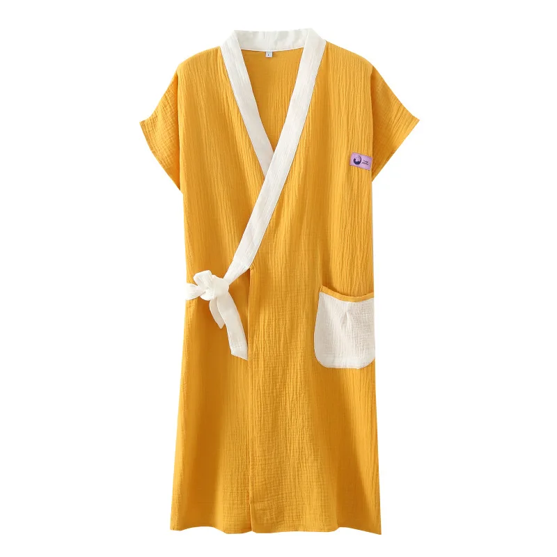 Couple Crepe Gauze Bath Robe Summer Short Sleeve Robes for Women Cotton Sleepwear Loose Casual Night Dress Women\'s Pajamas