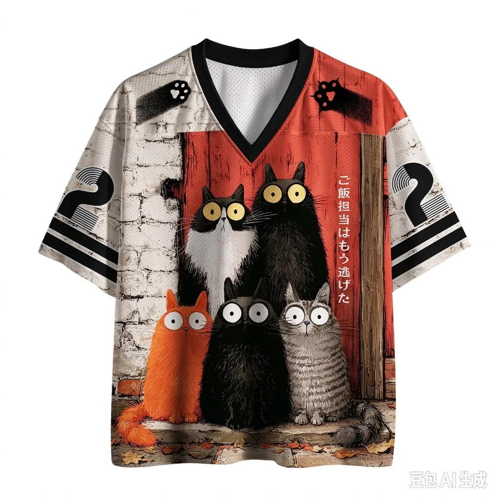 Fashion Fun Cartoon Kitten Illustrations 3D Printed Casual Street Outdoor Fitness Men Plus-sizeV-neck T-shirt parent-child Cloth