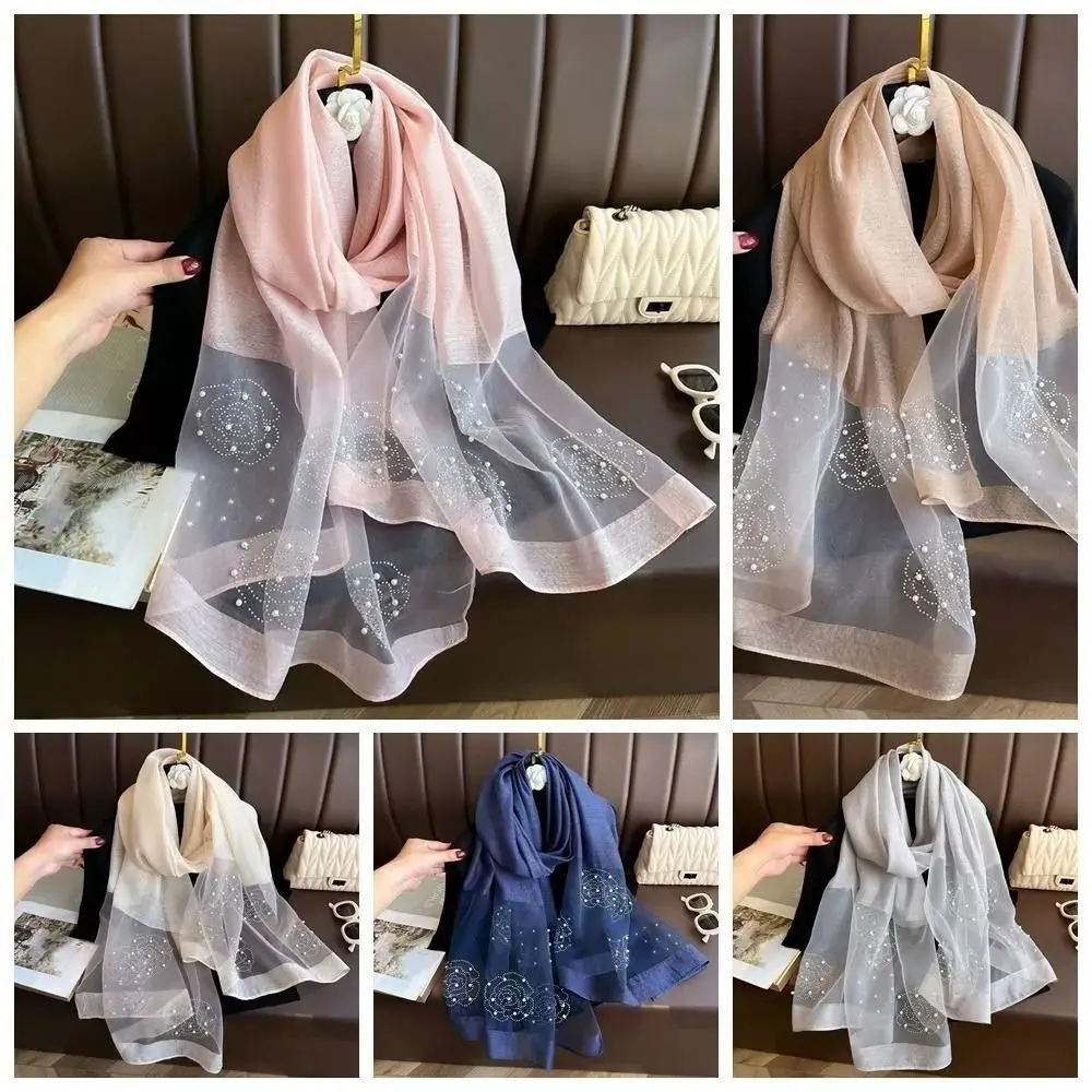 Elegant Organza Silk Scarf with Beads Solid Color Embroidery Flowers Long Scarves 190*70cm Pearl Wrap Headscarf For Women Hijab