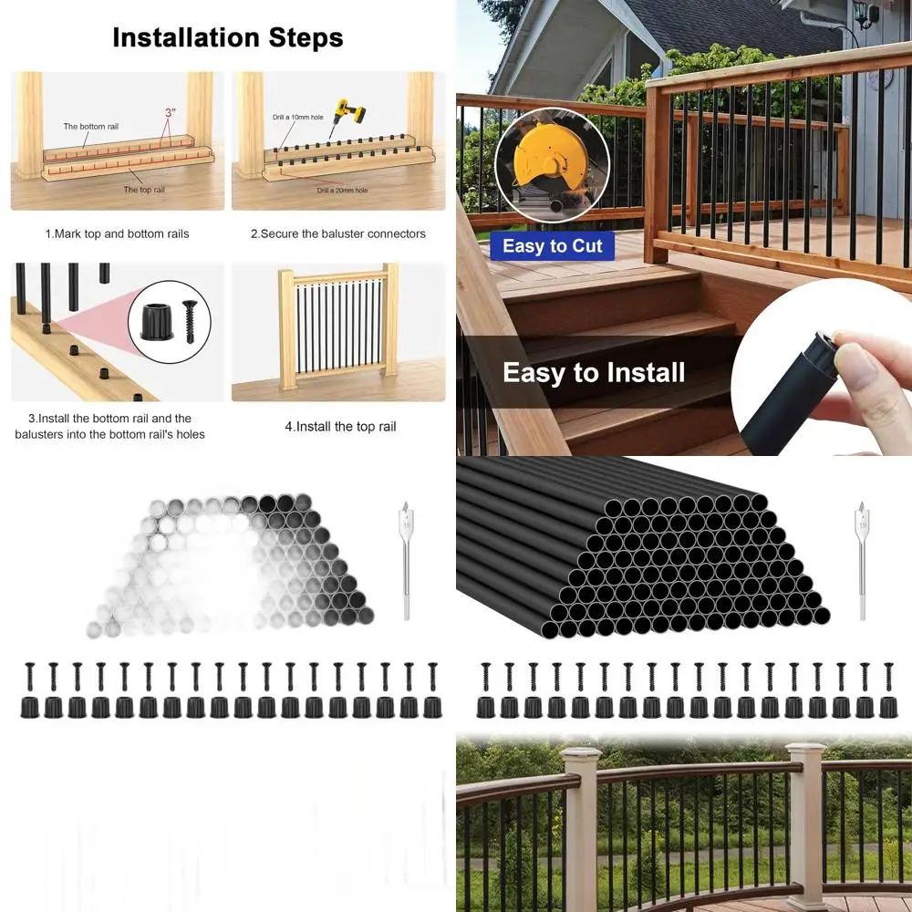 

26 Hollow Round Deck Balusters, 3/4 OD, Black Metal, with Continuous Screws for Railing