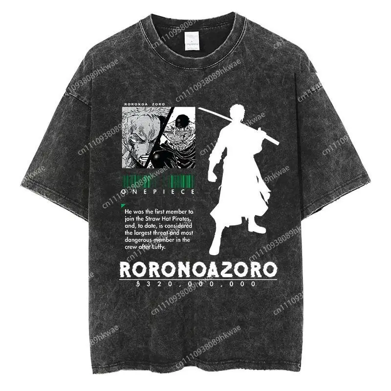 One Piece Roronoa Zoro Vintage Washed Graphic T-Shirt, Anime Streetwear Casual Oversized Tee,  Top for Men Women, Summer Fashion