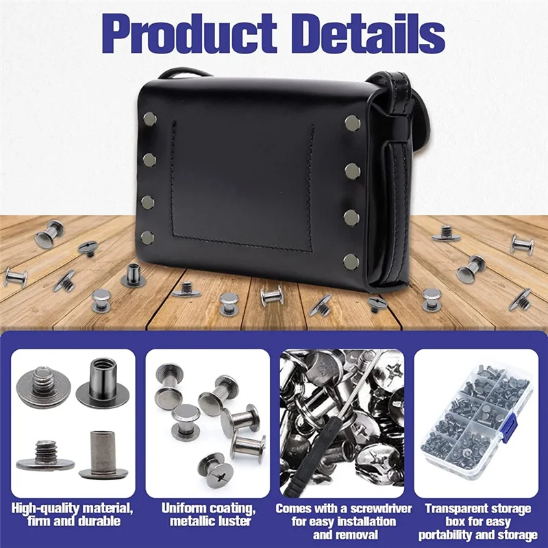 Ultra 150Sets Chicago Screws Assorted Kit 6 Sizes Round Flat Head Leather Rivets For Decorate Black
