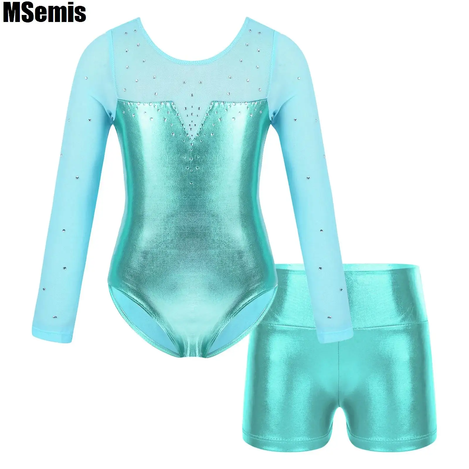 

Kid Girls Metallic Dance Set Sparkly Rhinestones Patchwork Leotard with High Waist Shorts for Gymnastics Performance