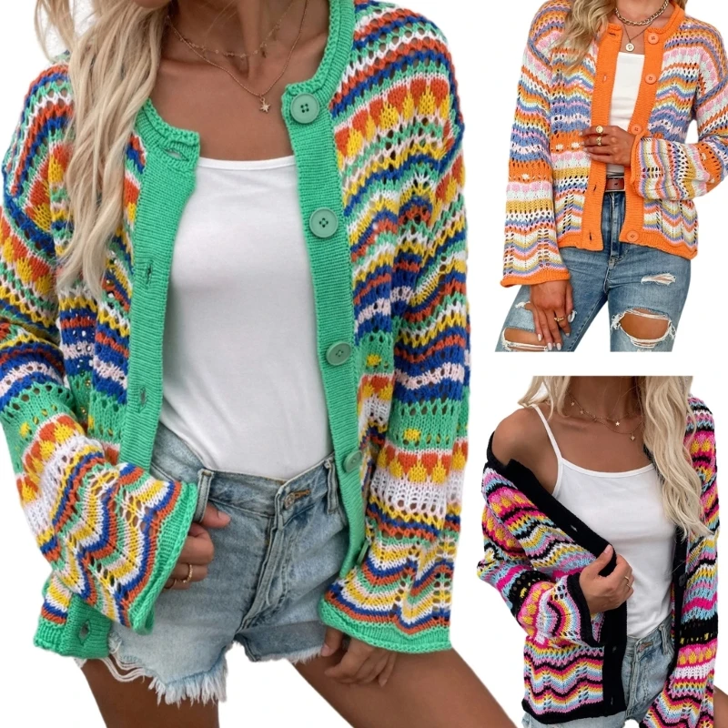 Vibrant Rainbow Striped Cardigan Long Sleeve Button Knitwear Soft Warm Knit UOversized Coat Outwear for Everyday Wear