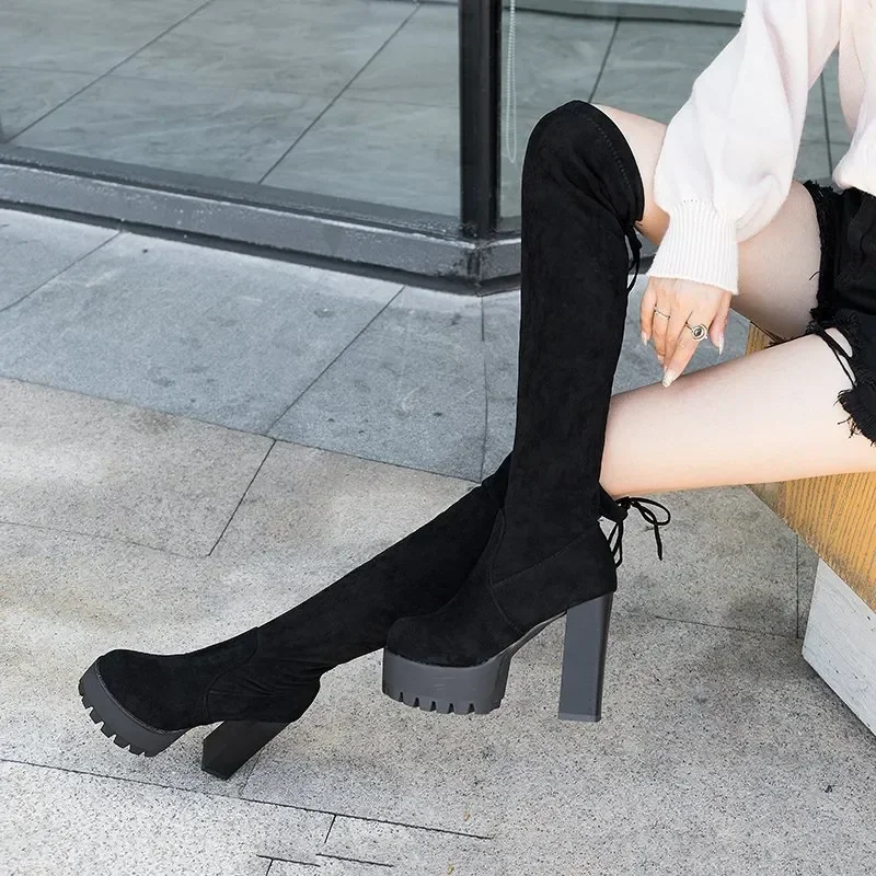 2024Winter Sexy Boots Tight Knight Suede Round Toe Combat for Women Warm Slip on Over The Knee Botines De Mujer Black Long Botas