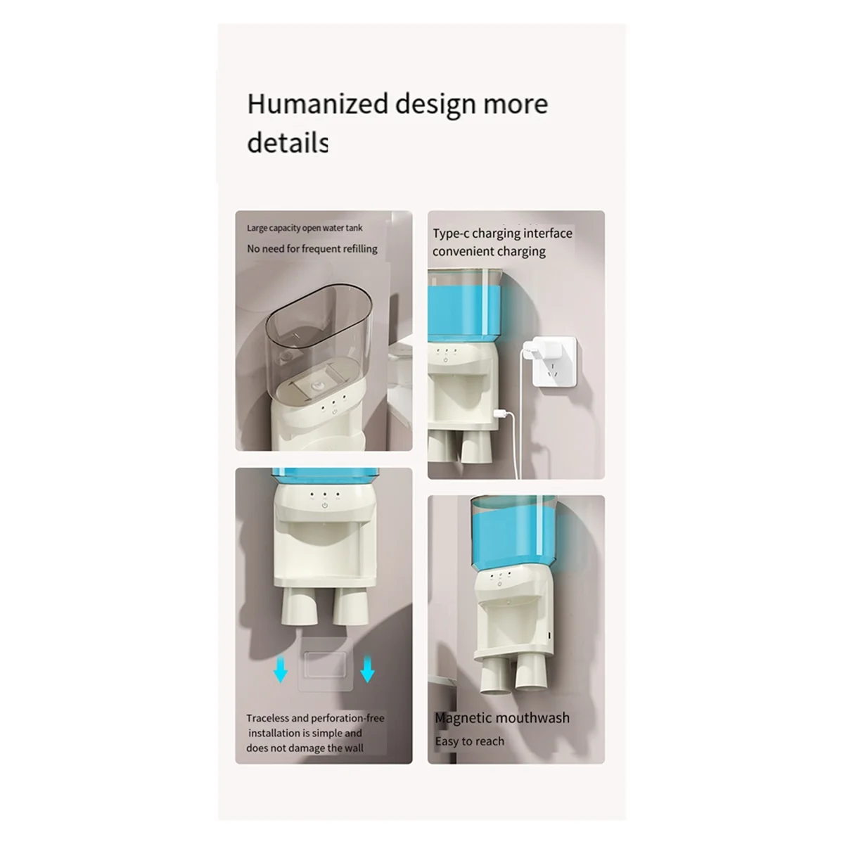 A71P Automatic Mouthwash Dispenser for Bathroom, Adjustable Dispensing Levels, Rechargeable, 2 Magnetic Cups,Wall Mounted