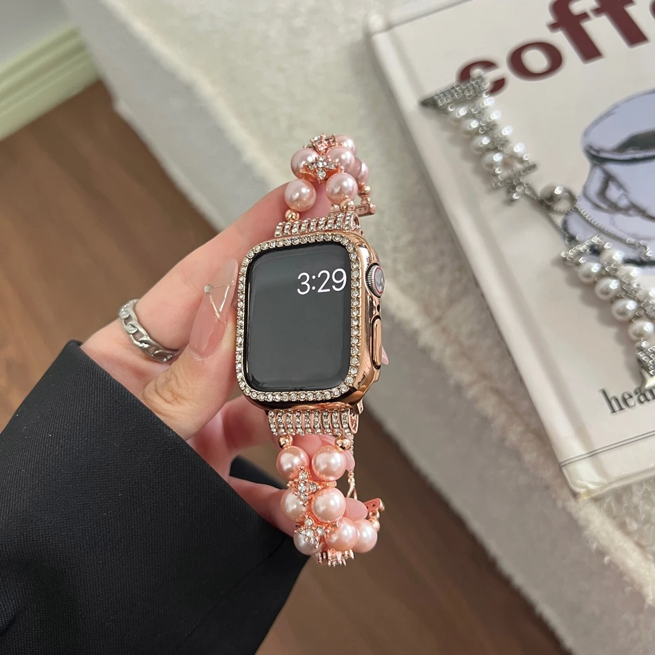 Pearl Diamond Strap For Apple Watch Series 9 8 7 6 SE 5 4 3 45/44/42/41/40/38mm Luxury Glitter Bracelet For IWatch Ultra 2 49mm