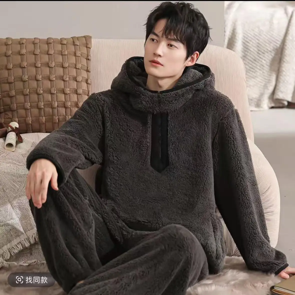 Sleepwear Winter Men's Pajamas Set Sweater Hooded Flannel Pajamas Man Autumn Thickened Long-sleeved Turtleneck Thermal Suit