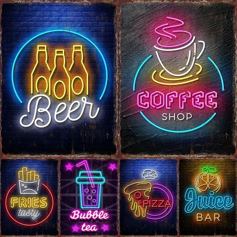 Neon Beer Metal Tin Label Food Poster Cafe Iron Plate Mural Bar Club Red Wine Cocktail Wall Decoration Restaurant Popcorn Plaque