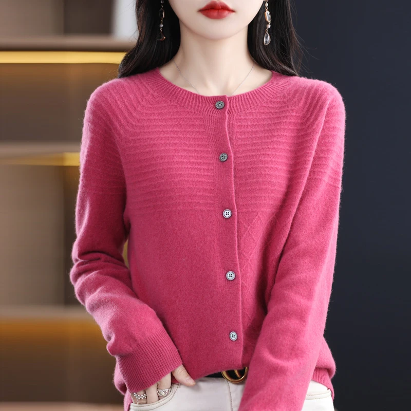 

Spring and autumn seamless 100% wool knitted cardigan women's sweater O-neck soft cashmere sweater bottoming shirt outer tower