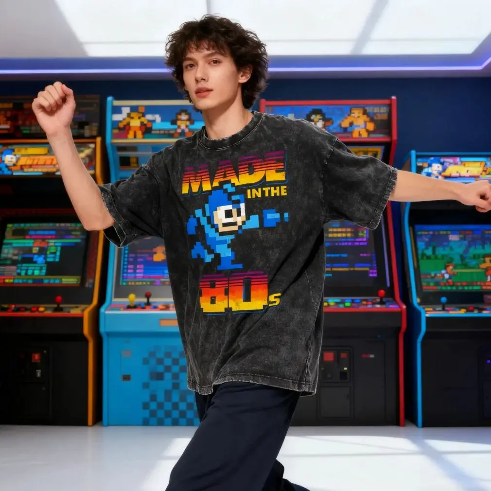 

Made In The 80s Pixel Game Graphic Tee Men's Distressed Washed Men Tshirt Male Retro 80s Casual Comfortable Streetwear T-shirt