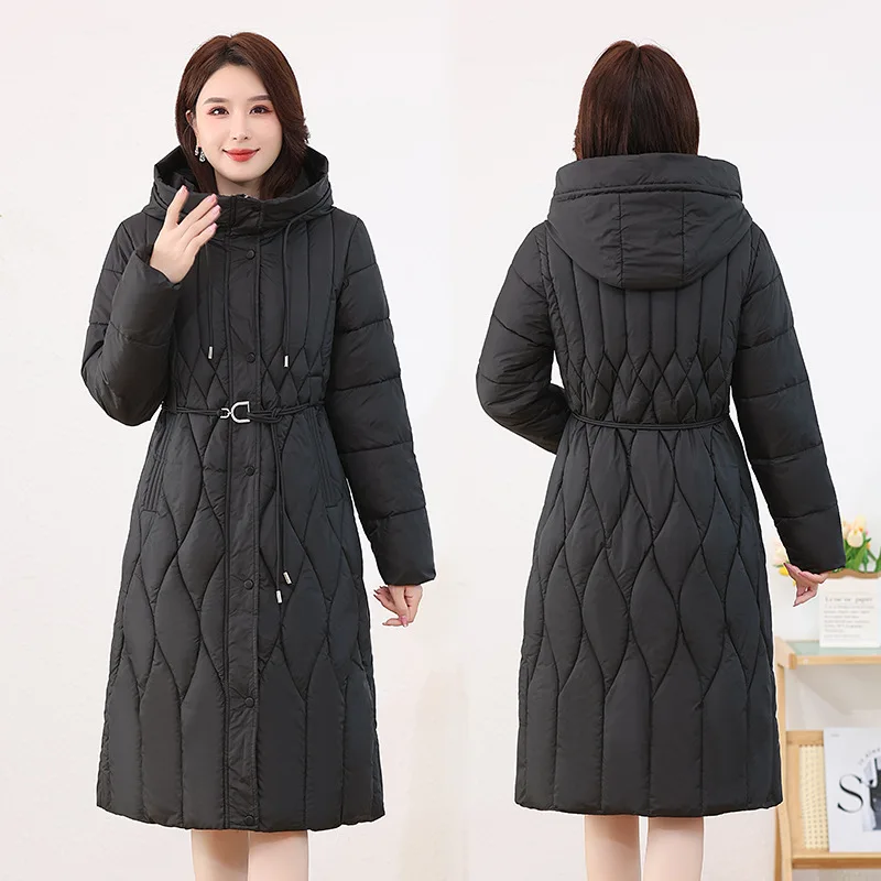 

Winter Quilted Jacket Women's Clothes Long-Length Coats Over-the-Knee New Fashion Hooded Drawstring Waist-Defining Slim Parkas