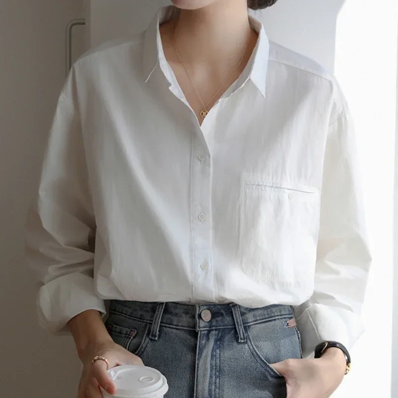 

Spring Summer White Elegant Women's Blouse 2025 New One Pocket Long Sleeve Turn-down Collar Casual Korean Office Shirt Female
