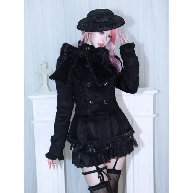 FallenVex Store Ladies Sweet Gothic Winter Wool Blend Short Coat Removable Big Bow Ornament Double‑Breasted Slim  Outer Jacket