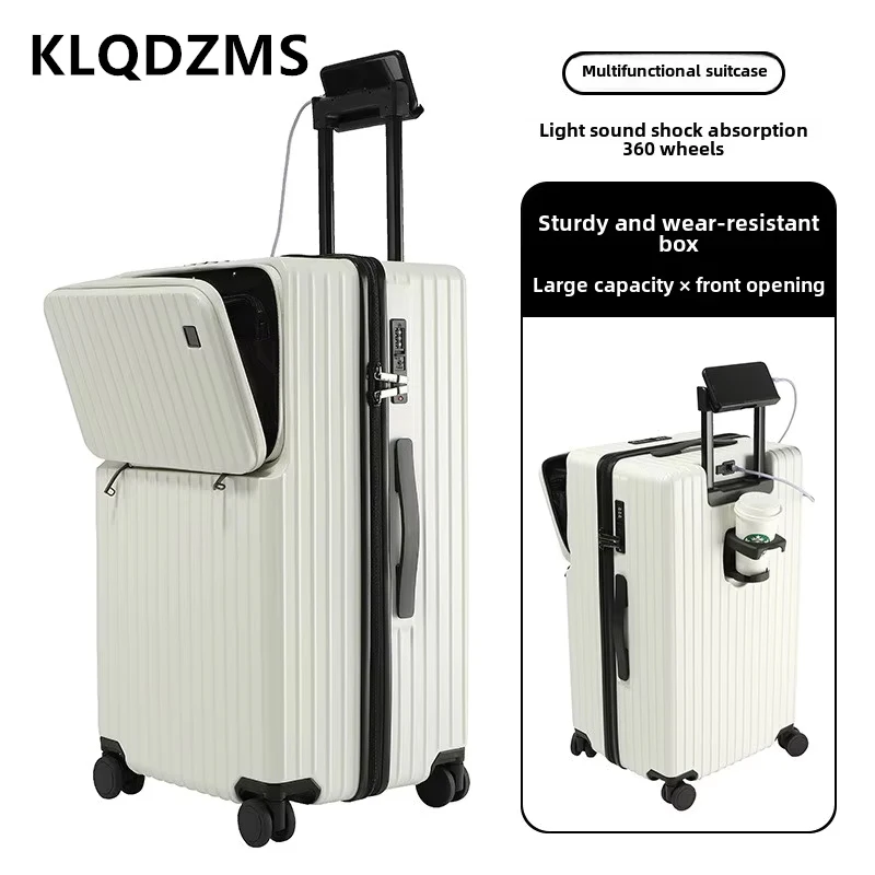 

KLQDZMS Laptop Luggage USB Charging Boarding Case Front Opening Trolley Case 20"24"26"28"30 Inch ABS+PC Multifunctional Suitcase