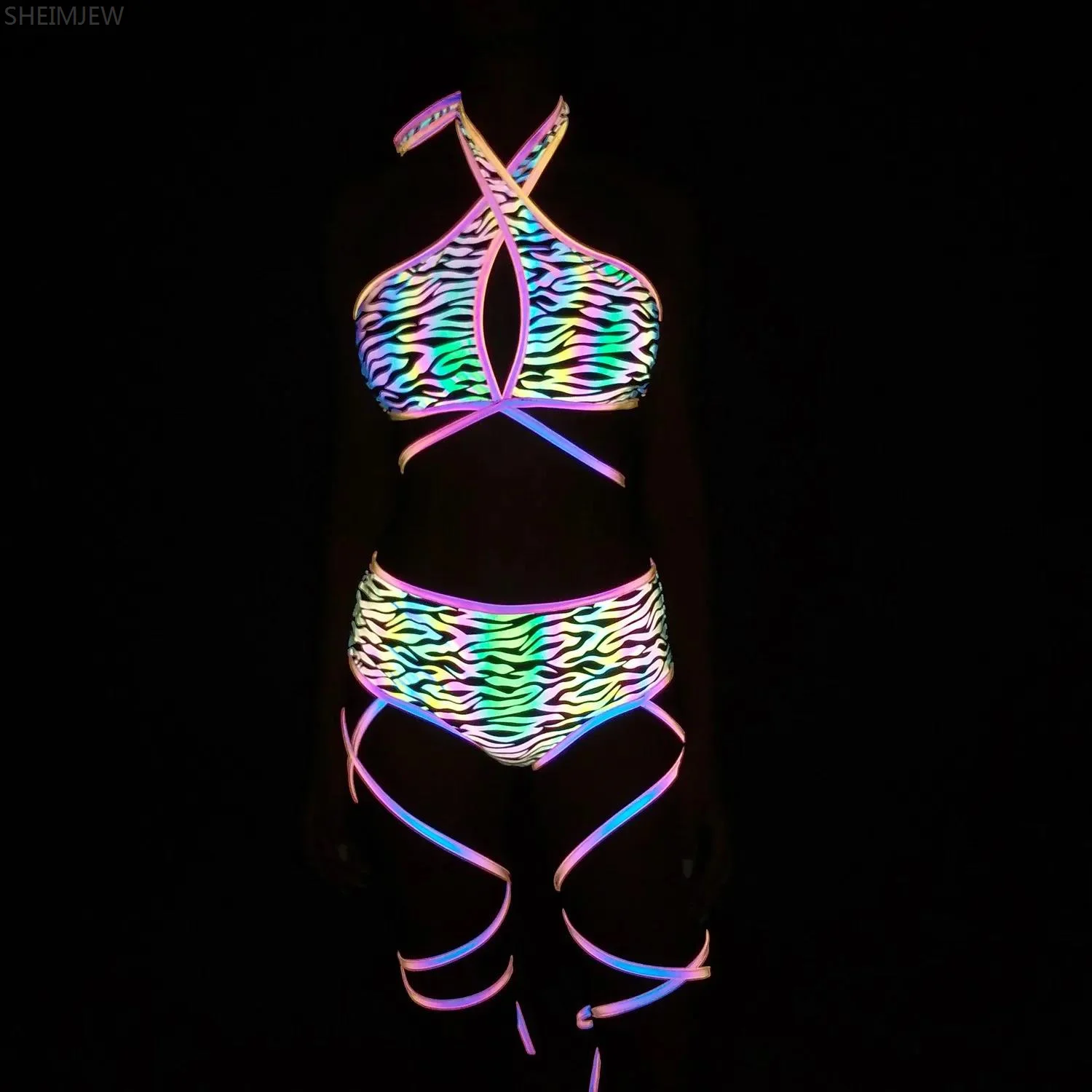 

Women Colorful Reflective Printed Stage Costume Pole Dance Bra Top Pants Removable Cross Bandage Rave Party Outfit Sexy Swimsuit