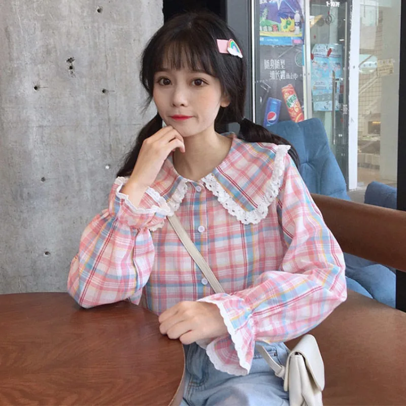 Peter Pan Collar Kawaii Shirts Women Sweet Plaid Girlish Temper Vintage Jaoanese Preppy Clothing Camisas Fashion Aesthetic Teens