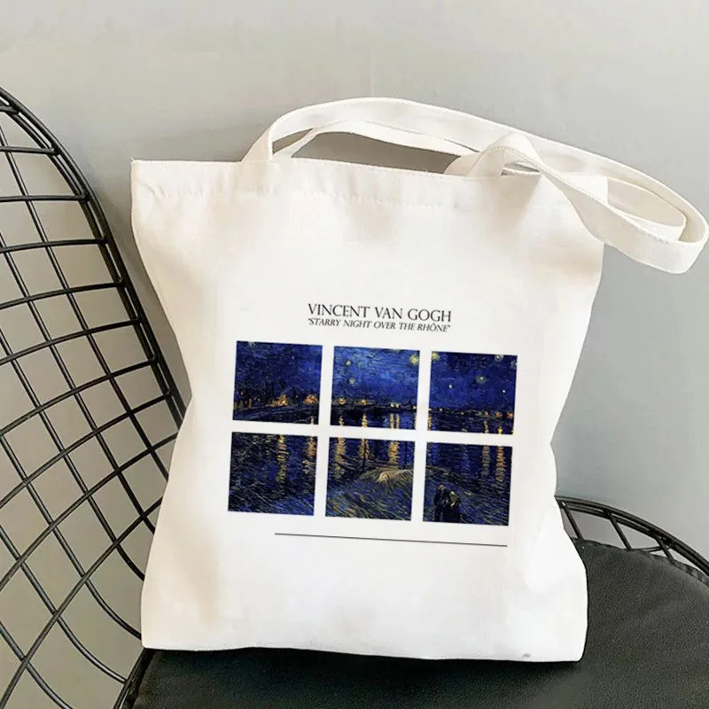 

White Canvas Tote Bag Van Gogh Starry Night Over the Rhone Print Reusable Shoulder Bag Casual Eco-friendly Tote for Art Lovers