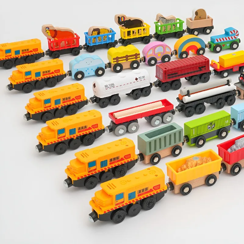 T263 Battery Operated Electric Train Set Wooden Magnetic Train Tractor Vehicle Toys Compatible with Wooden Tracks Toys for Kids