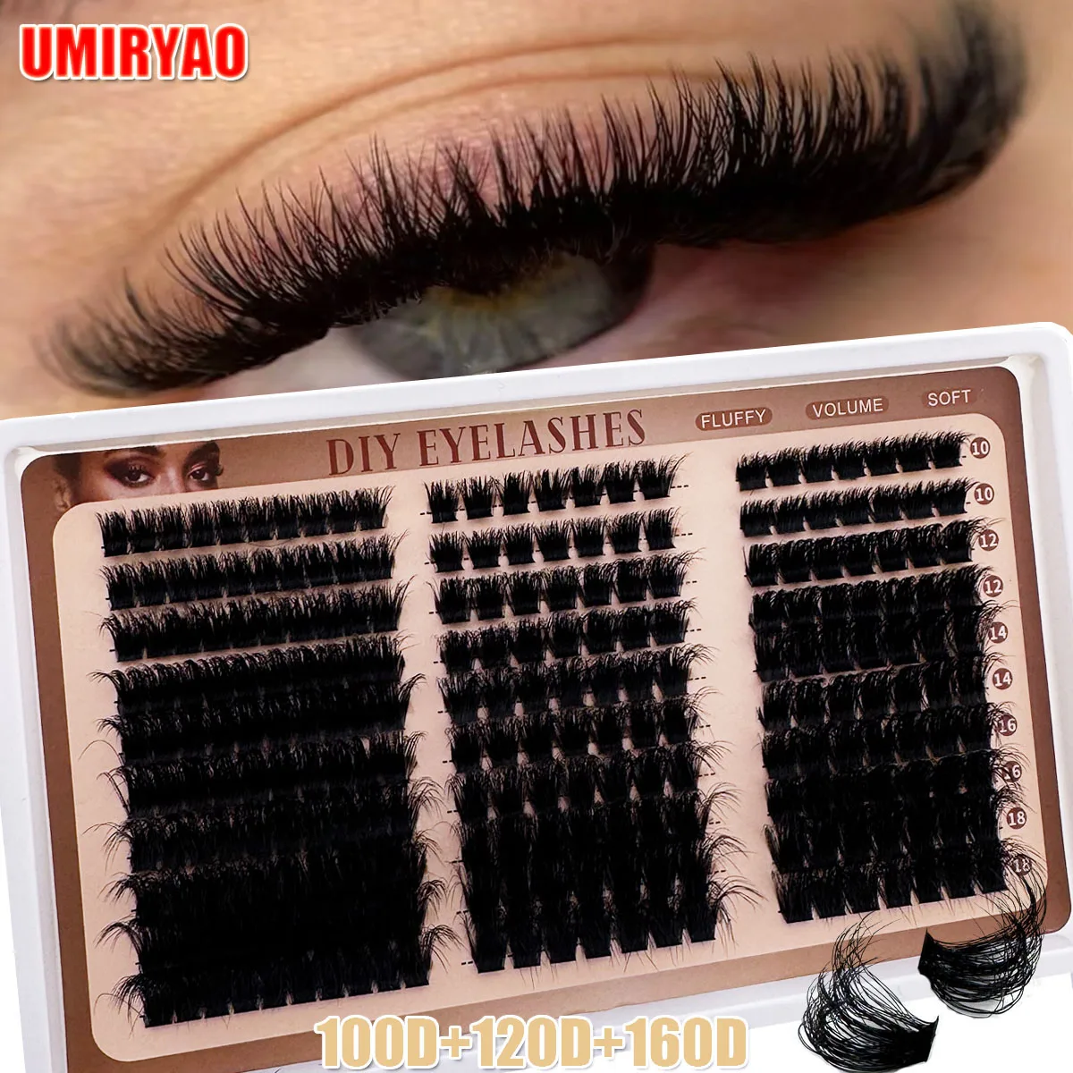 60D + 80D + 100D/100D + 120D + 160D/160D + 200D + 300D D-Curly bricolage à la maison grappes de cils, grappes de cils, faux cils individuels
