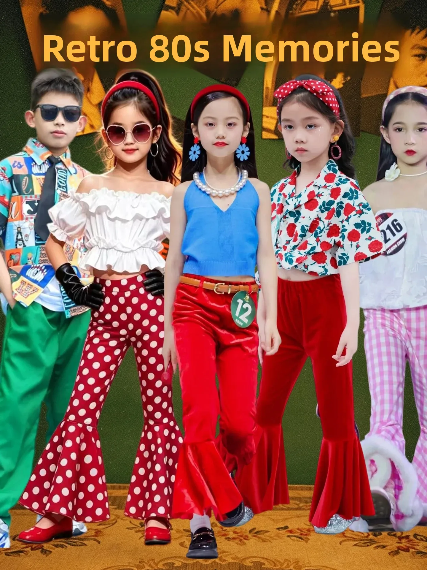 Retro Hong Kong Style Performance Clothes Flared Pants Show for Children Boys Girls Kindergarten Theme 80s 90s Nostalgia