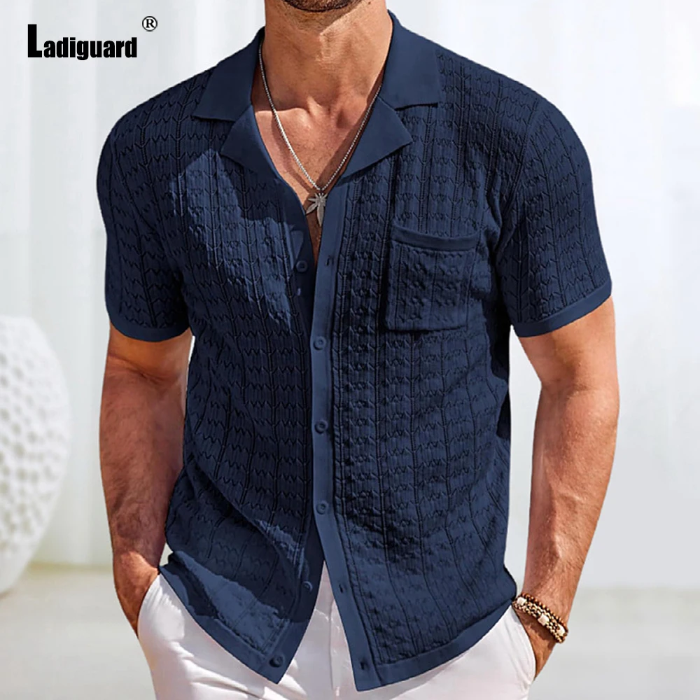 

Men's Stand Pocket Casual Beach Shirts Clothing 2025 European Fashion Top Navy Khaki Blouse Men Short Sleeve Knitted Outwear New