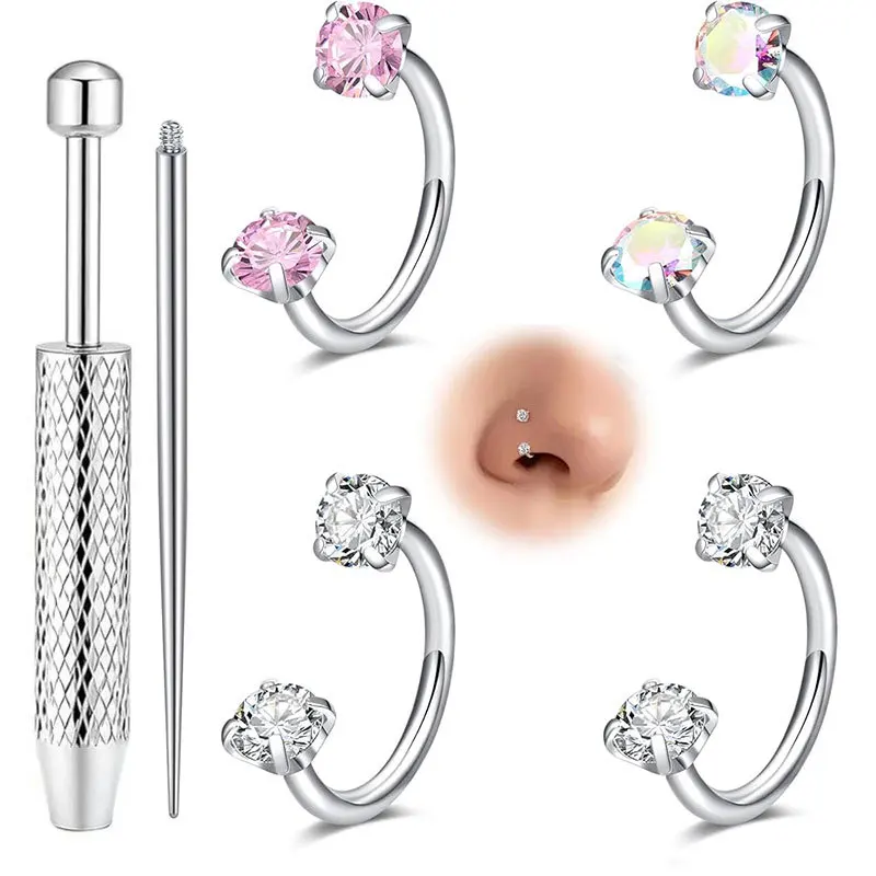 6Pcs New Stainless Steel 20G Double Zircon C Rod Nose Ring Set Versatile Earbone Ring Human Puncture Jewelry Nose Accessories