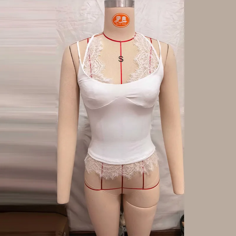 Spitzen-Patchwork-Top mit Neckholder und Taillenbetonung für Damen, sexy, ärmellos, rückenfrei, schmal geschnitten, charmante Clubwear für Damen. – Detail 1