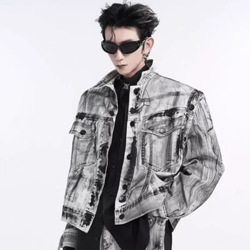 MWJQ Print Design Male Set American Denim Lapel Removable Sleeves Jacket High Street Loose Wide  Leg Pants Men's Spring 010080