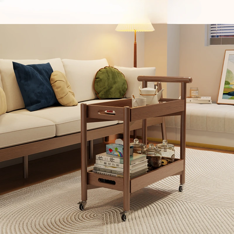 Solid Wood Trolley Coffee Table - Double Deck Shelves, Large-Capacity Side Table, Mobile Serving Cart, Perfect for Entertaining