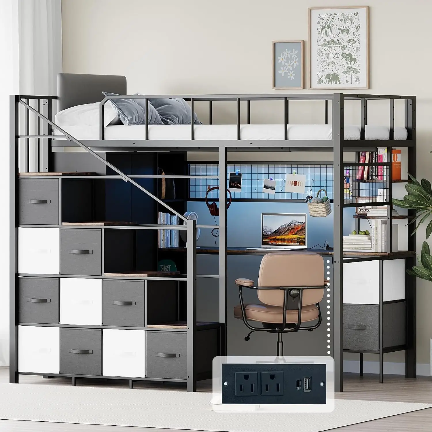Twin Loft Bed with Desk, Stairs, LED Light, Metal Frame, Guardrail, Charging Station, Closet, Drawers, Black & Wood, Customized